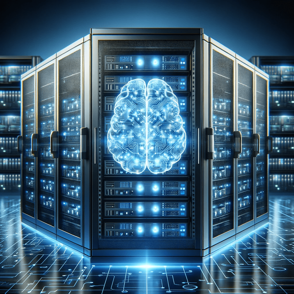 A photo of a modern data center with a digital brain superimposed, emphasizing the role of AI in processing and managing Big Data.