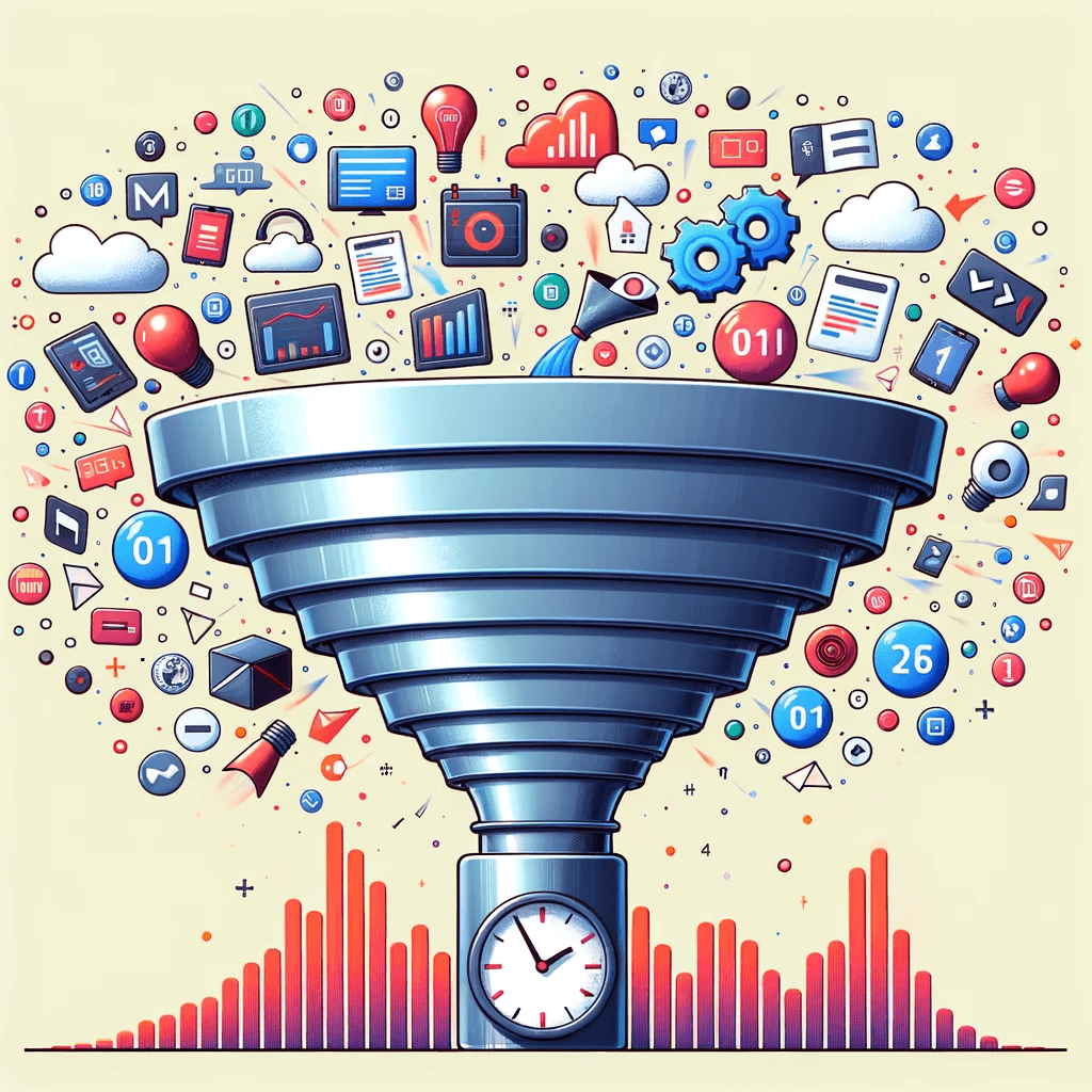 An illustration of a funnel with data pouring in, various icons symbolizing data variety, and a clock at the bottom emphasizing data velocity.
