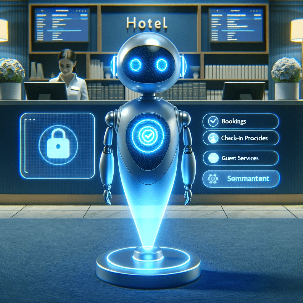 Illustration of a futuristic holographic chatbot in the shape of a friendly robot assistant. It stands in the middle of a hotel reception, casting a soft blue glow. 