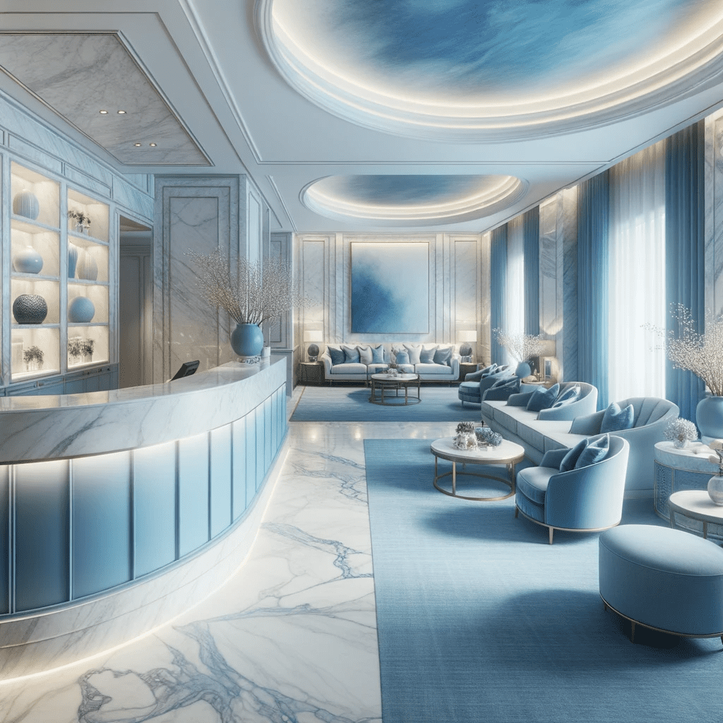 A nice Hotel with Blue and Futuristic AI Furniture