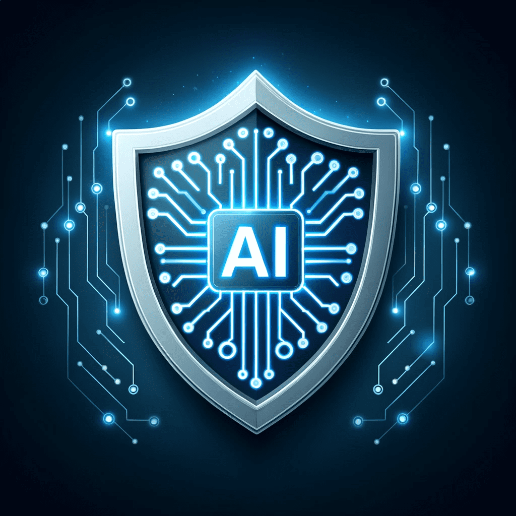 AI Cybersecurity shield. Blue connections and dark blackground.