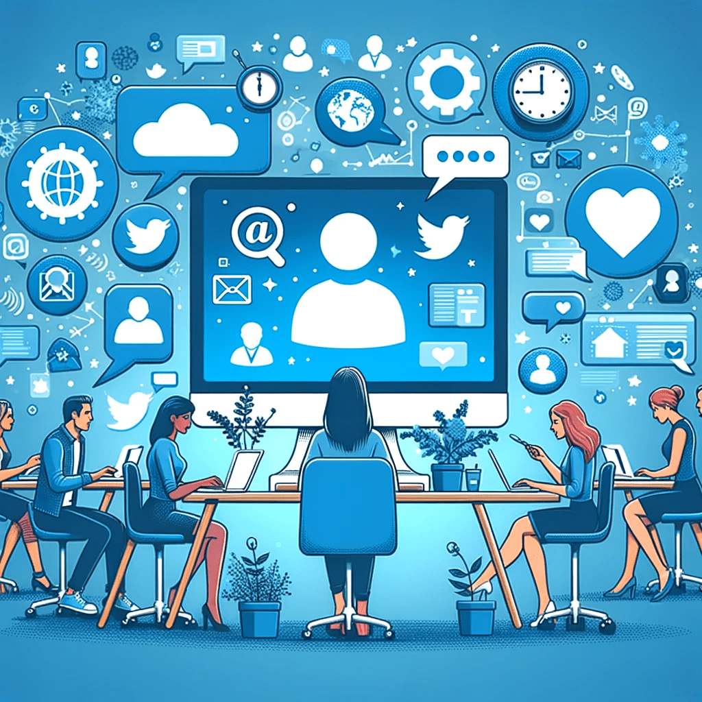 Illustration of a diverse community manager engaging with social media platforms on a computer, with blue icons and symbols floating around.