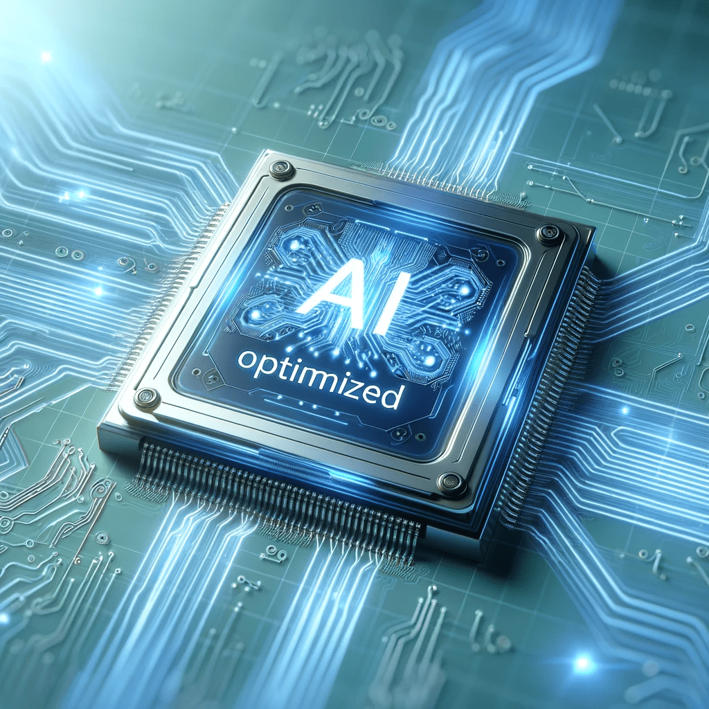 Photo of a futuristic computer chip glowing in soft blue hues, with intricate circuit designs and the words 'AI-Optimized' prominently displayed on it